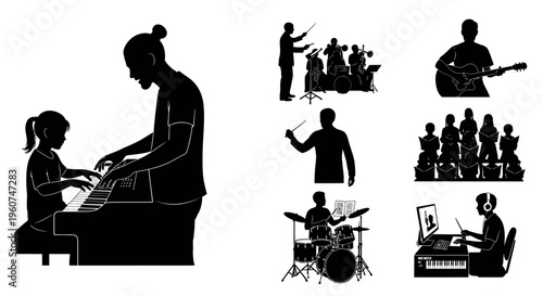 A collection of black silhouettes depicting various musicians and music education activities set Vector, illustration