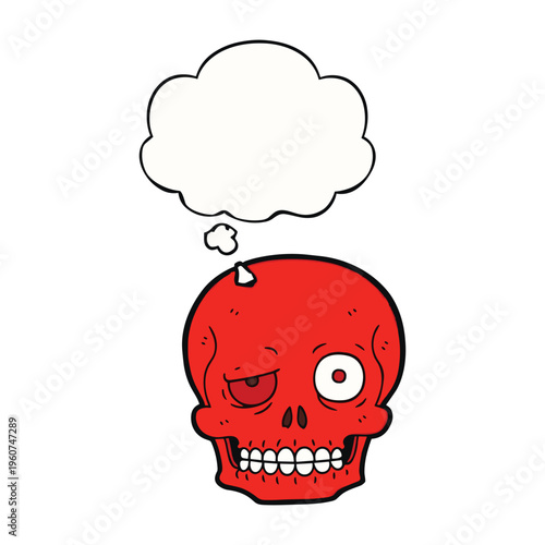 A cartoon red skull with a mischievous wink and a thought bubble above its head, on a plain white background