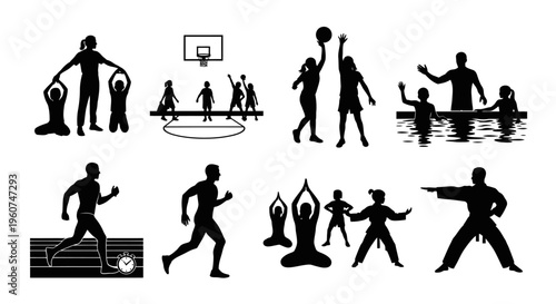 A collection of black silhouettes depicting various sports and recreational physical activities Vector, illustration