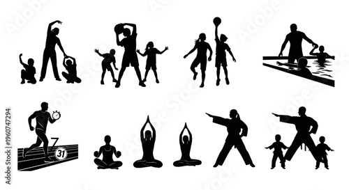 A collection of black silhouettes depicting children and adults engaged in various sports activities Vector, illustration