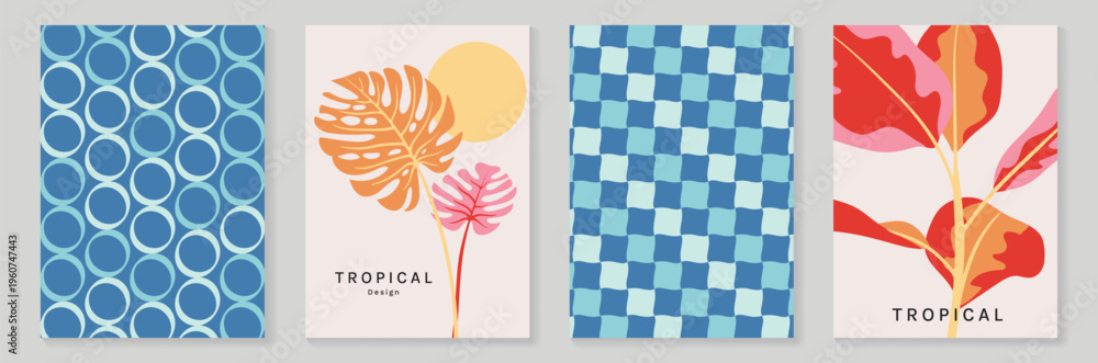Fototapeta premium Summer tropical poster set vector. Retro botanical leaf wall art with circular pattern and checkerboard geometric background in blue, coral, orange, pink and cream for home decor prints.