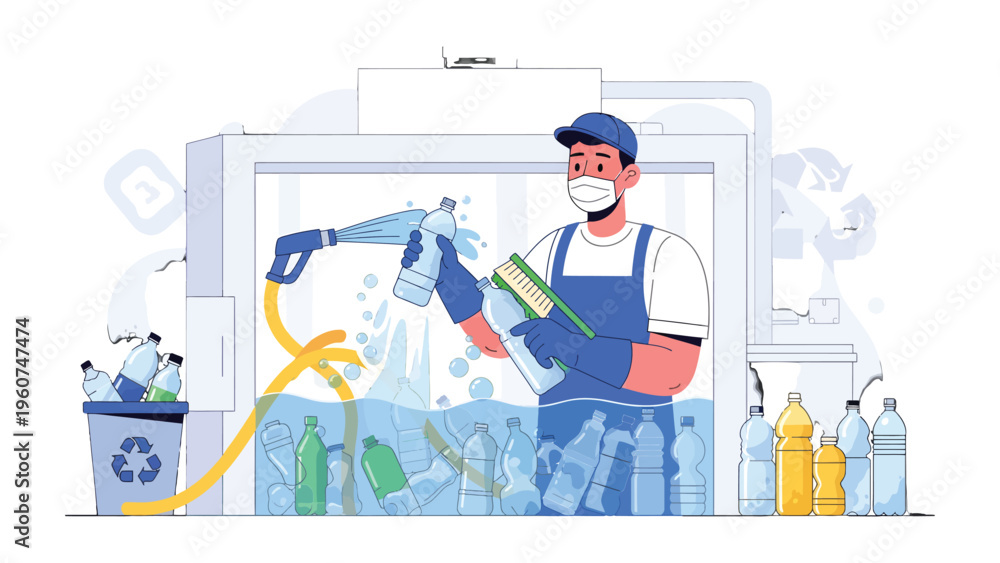 Αυτοκόλλητο Recycling process: A diligent worker wearing protective gear diligently cleans plastic bottles amidst the eco-friendly recycling system