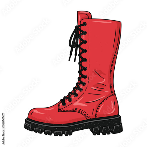 A vibrant red knee-high combat boot with black laces and a thick sole, presented as a stylized vector illustration on a white background