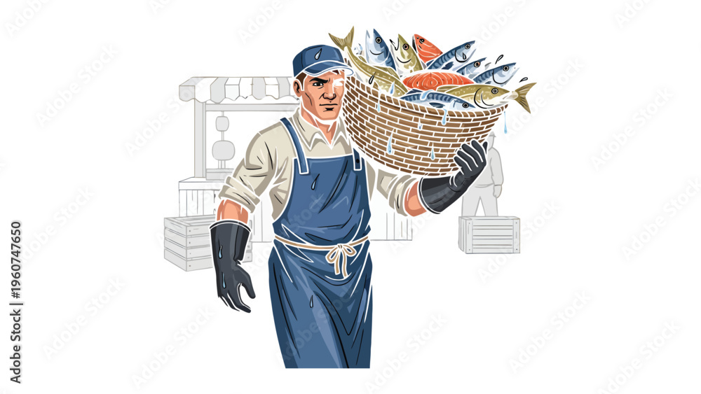 Obraz premium Fisherman's Bounty: A sturdy fisherman, weathered by the sea, carries a brimming basket of freshly caught fish.