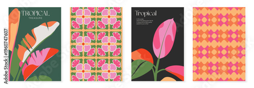 Summer tropical poster set vector. Retro botanical monstera and palm leaf wall art with abstract fan pattern and geometric checker background in coral, pink, green, cream and mustard for home decor.