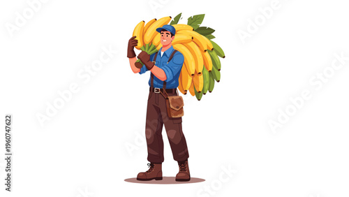 Harvest of Plenty: A hardworking farm worker carries a bountiful bundle of ripe bananas, showcasing the vibrant colors and freshness of the harvest. A symbol of abundance, nutrition and rural life.
