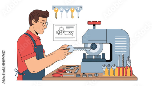 Key Duplication Process: An illustration of a locksmith meticulously working, duplicating a key with precision using specialized machinery. The scene is illuminated.