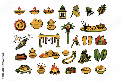 Indian Festival and Puja Items Color Icon Set – Diwali, Hindu Ritual, Traditional Culture Vector Collection