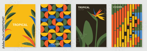 Summer tropical poster set vector. Midcentury modern botanical leaves, bird of paradise flower, geometric circle pattern and striped abstract cover in yellow, blue, orange, green and brown wall art.