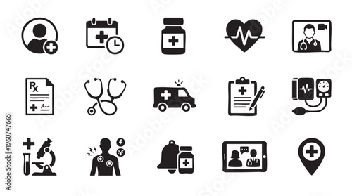 Collection of monochrome medical and healthcare vector graphic icons representing diagnostics appointments prescriptions cardiology ambulance and laboratory research