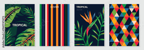 Summer tropical poster set vector. Midcentury modern botanical leaves, bird of paradise flower, geometric circle pattern and striped abstract cover in yellow, blue, orange, green and brown wall art.