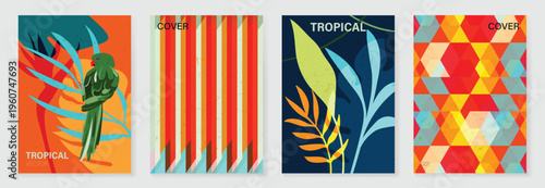 Summer tropical poster set vector. Retro botanical monstera and palm leaf wall art with abstract fan pattern and geometric checker background in coral, pink, green, cream and mustard for home decor.