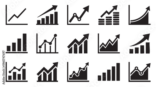 Collection of diverse black and white vector graphic illustrations showcasing various upward trending business growth charts and financial analysis symbols