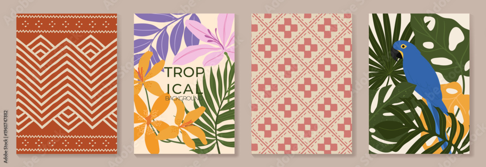 Fototapeta premium Tropical poster set vector with floral background, geometric ethnic patterns and blue parrot wall art. Retro botanical summer collection in orange, pink, purple, cream, green and blue for home decor.