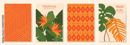 Tropical paradise summer poster set vector. Retro botanical leaf wall art collection with geometric patterns in peach pink orange and green. Decorative background design for home decor posters.