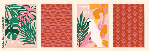 Summer tropical poster set vector. Midcentury modern parrot, botanical leaves, striped pattern and geometric triangle background in orange, yellow, blue and teal for wall art, covers and home decor.