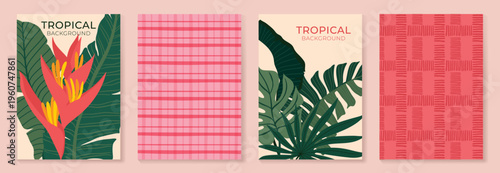Tropical paradise summer poster set vector. Retro botanical leaf wall art collection with geometric patterns in peach pink orange and green. Decorative background design for home decor posters.