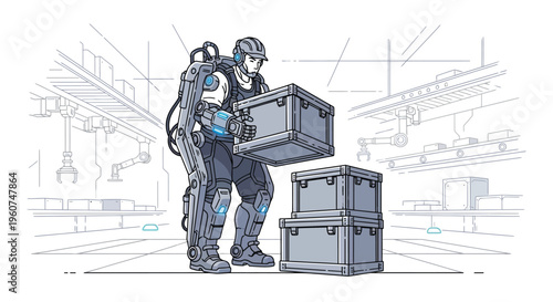Robot holding boxes in a futuristic warehouse setting with industrial background