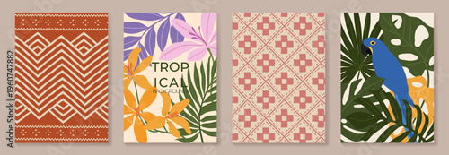 Tropical poster set vector with floral background, geometric ethnic patterns and blue parrot wall art. Retro botanical summer collection in orange, pink, purple, cream, green and blue for home decor.