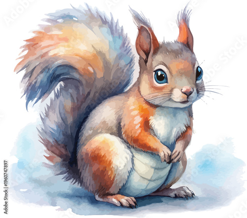 Watercolor Squirrel Illustration, Cute Forest Animal, vector isolated on white background