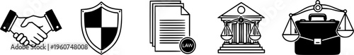 Justice Icons Featuring Handshake Shield Documents Court Building And Briefcase Scaling Elements.