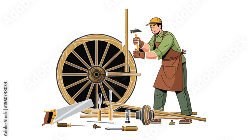 Craftsman Assembling the Wheel: A skilled artisan meticulously crafts a wagon wheel, demonstrating traditional craftsmanship, attention to detail and a commitment to quality. 