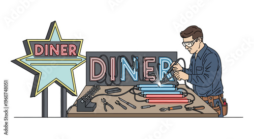 Man working on diner neon sign with tools