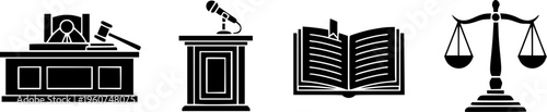 Justice Icons Featuring A Judge Bench Gavel Witness Podium Law Book And Scales Set