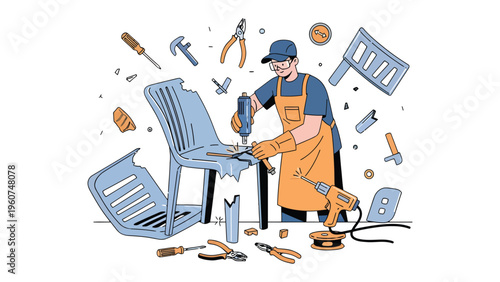 Chair Repair in Progress: A dedicated carpenter meticulously repairs a chair, surrounded by an array of tools, showcasing craftsmanship and the art of restoration.