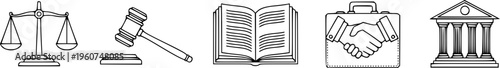 Legal Justice And Business Law Icons Featuring Gavel Scales Book Handshake And Court Building Elements