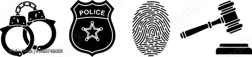 Law Enforcement And Justice System Icons Featuring Handcuffs Police Badge Fingerprint And Court Gavel