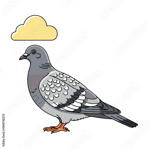 A pigeon standing calmly on a white background with a small yellow cloud floating above it