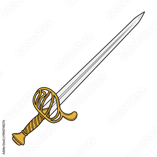 A detailed illustration of a golden-hilted rapier, a classic fencing and dueling sword