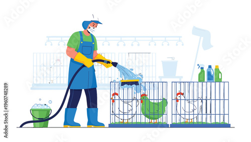 Farm Cleaning: An illustrated scene of an agricultural worker meticulously cleaning and sanitizing the coop to ensure optimal hygiene for the poultry.