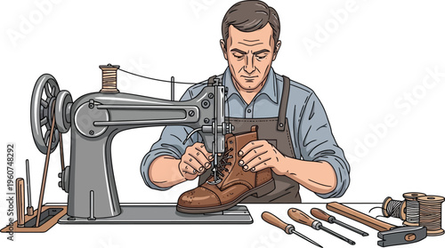 Man working on brown leather boot with industrial sewing machine