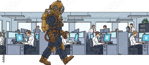 Diver in scuba gear walking through modern office space with coworkers