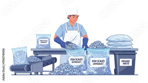Fish Scales Processing: A worker meticulously manages the process of fish scales processing in a modern facility, showing the careful steps required from initial sorting to packaging.