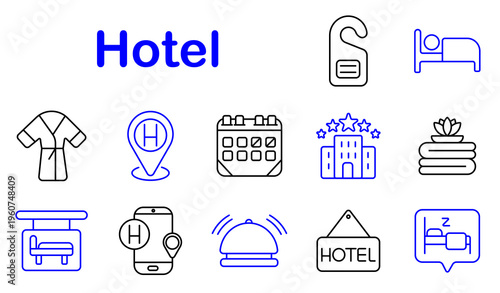 Hotel service set icon. Line style icons display door hanger, bed furniture, robe clothing, location marker, calendar booking, hotel building, spa stones, room bed, mobile booking