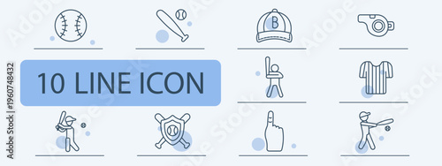 Baseball equipment set icon. Ball bat cap whistle chair uniform player shield gesture sport team game activity collection.