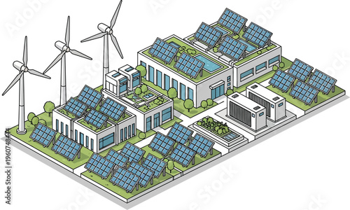 Sustainable energy system with solar panels and wind turbines