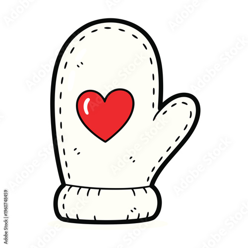 A single white cartoon mitten with a prominent red heart on the back, ready for winter warmth and love