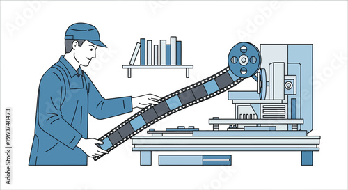 Man working with film reel in a production studio