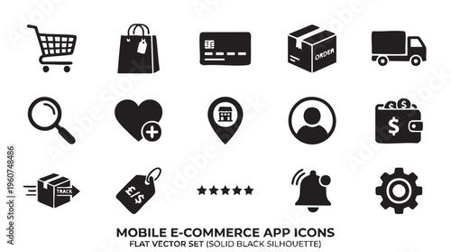 Collection of minimalist solid black silhouette vector icons representing essential mobile e-commerce application functions for online shopping design