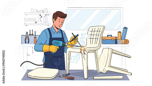 Chair Repair: A skilled craftsman repairs a damaged chair in his workshop, utilizing tools and expertise to restore it to its former glory. The scene reflects craftsmanship, problem-solving.