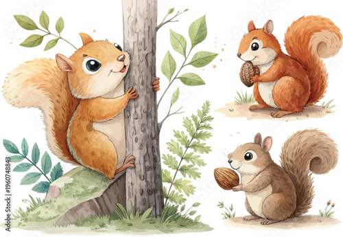 Hand-Painted Squirrel Watercolor, Woodland Animal Art, Isolated Vector Illustration