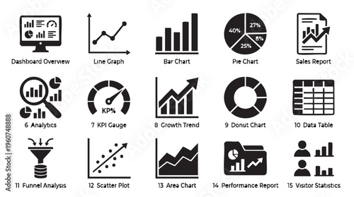 Collection of business data visualization vector icons illustrating various charts reports and analytics for digital presentation design
