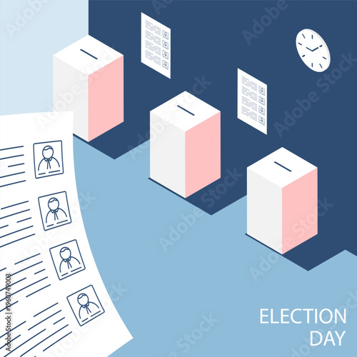 Isometric polling station equipped with ballot boxes. Cartoon 3D vector on blue background
