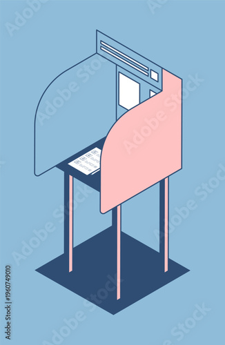 Isometric separate secret voting booth. Cartoon 3D vector on blue background