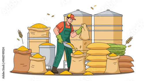 Harvesting grains: A diligent agricultural worker diligently manages grains harvest and storage, focusing on securing valuable commodities and ensuring optimal storage practices