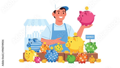Financial Dreams: A cartoon man with a big smile proudly presents an array of colorful piggy banks, each brimming with savings and representing diverse financial goals.